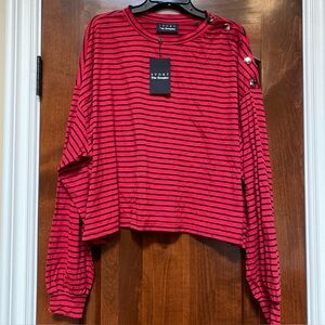 The Kooples Sport Oversized Long Sleeve Striped T-Shirt Red Black Fr 2 US 6 NWT